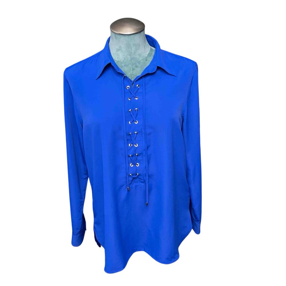Lauren Ralph Lauren Crepe De Chine Lace Up Popover Blouse M Blue Flowy Feminine